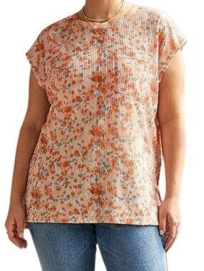 Floral Summer Blouse, Ribbed Knit, Extended Shoulder Short Sleeve, Top Pocket XL